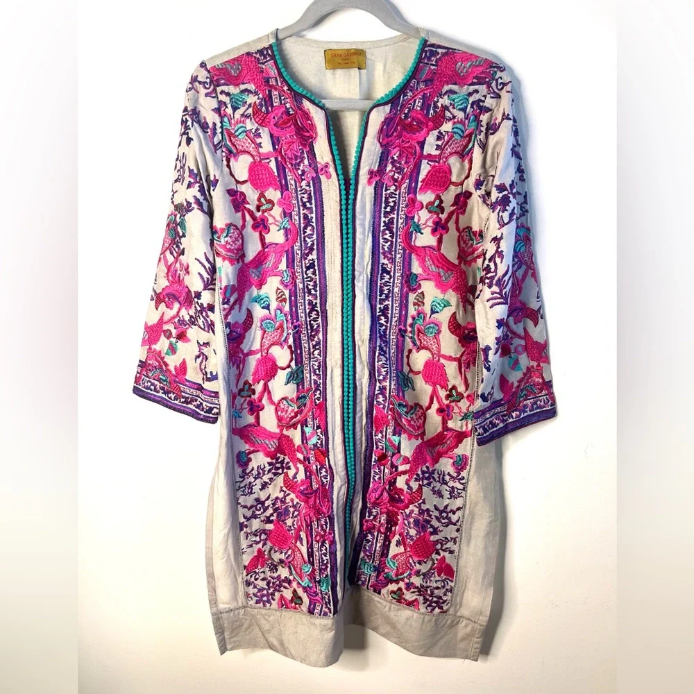 Sana Safinaz Embroidered Tunic Floral Gray Pink 3/4 Sleeves SZ S EUC - Picture 1 of 7